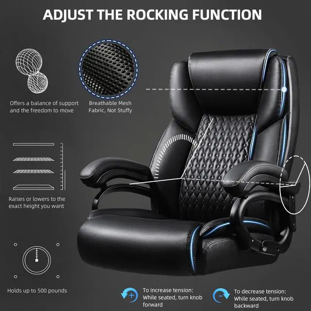 Alt view image 4 of 7 - 600lbs Heavy Duty Office Chair for Low Back Pain Relief, Big and Tall Office Chair with Ergonomic Lumbar Support, High Back Executive Chair with Quiet Rubber Wheel