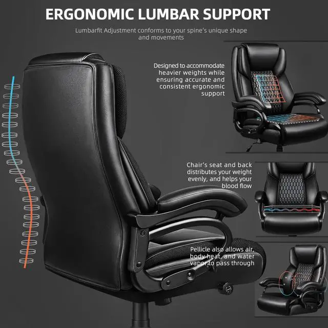 Alt view image 5 of 7 - 600lbs Heavy Duty Office Chair for Low Back Pain Relief, Big and Tall Office Chair with Ergonomic Lumbar Support, High Back Executive Chair with Quiet Rubber Wheel