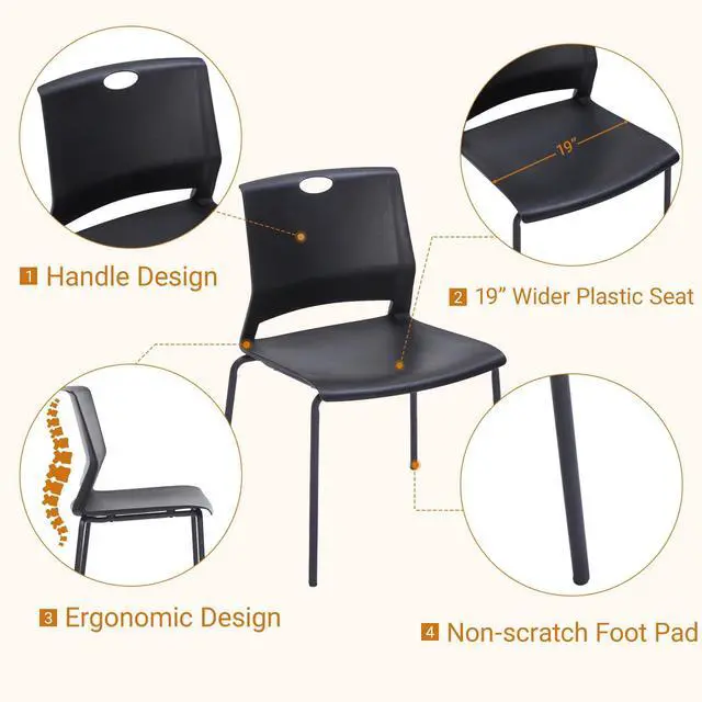 Alt view image 5 of 7 - Black Stacking Chairs Set of 4, Plastic Stackable Chair for Office Conference Waiting Break Room