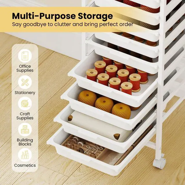 Alt view image 3 of 7 - Rolling Cart with Drawers, 10 Drawer Rolling Storage Cart with Wooden Tabletop, Metal Frame & Lockable Wheels, Craft Organizers and Storage for Home Office Classroom (White, 10-Drawer Small)