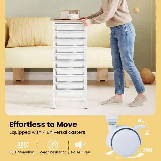 Alt view image 5 of 7 - Rolling Cart with Drawers, 10 Drawer Rolling Storage Cart with Wooden Tabletop, Metal Frame & Lockable Wheels, Craft Organizers and Storage for Home Office Classroom (White, 10-Drawer Small)