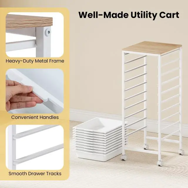 Alt view image 6 of 7 - Rolling Cart with Drawers, 10 Drawer Rolling Storage Cart with Wooden Tabletop, Metal Frame & Lockable Wheels, Craft Organizers and Storage for Home Office Classroom (White, 10-Drawer Small)