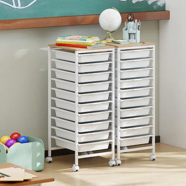 Alt view image 7 of 7 - Rolling Cart with Drawers, 10 Drawer Rolling Storage Cart with Wooden Tabletop, Metal Frame & Lockable Wheels, Craft Organizers and Storage for Home Office Classroom (White, 10-Drawer Small)