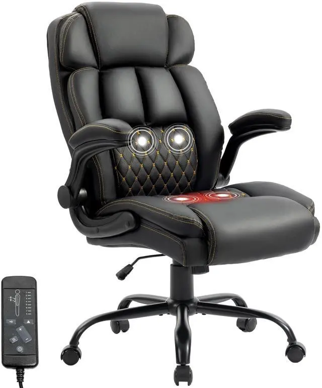 Main image of Massage Office Chair, 500LBS Ergonomic Rocking Executive Desk Chairs with 4 Points Vibration&Heat,Padded Flip-up Armrests for Big and Tall Office Chair,Swivel Computer Chair Thicken,Black