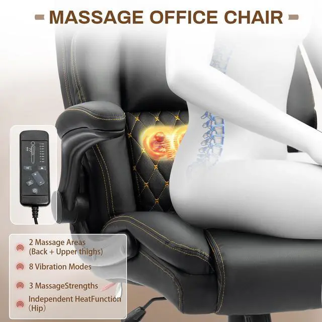 Alt view image 3 of 7 - Massage Office Chair, 500LBS Ergonomic Rocking Executive Desk Chairs with 4 Points Vibration&Heat,Padded Flip-up Armrests for Big and Tall Office Chair,Swivel Computer Chair Thicken,Black