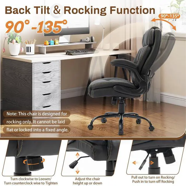 Alt view image 4 of 7 - Massage Office Chair, 500LBS Ergonomic Rocking Executive Desk Chairs with 4 Points Vibration&Heat,Padded Flip-up Armrests for Big and Tall Office Chair,Swivel Computer Chair Thicken,Black