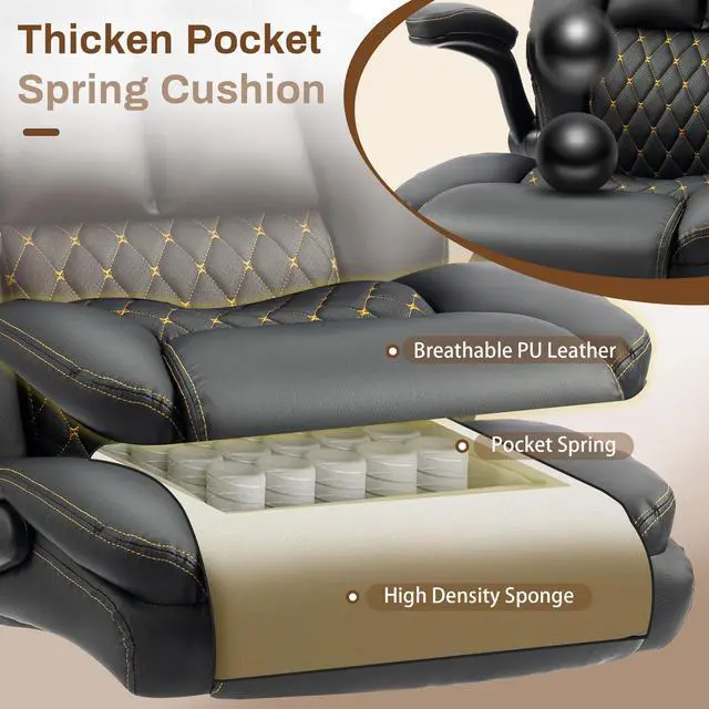 Alt view image 7 of 7 - Massage Office Chair, 500LBS Ergonomic Rocking Executive Desk Chairs with 4 Points Vibration&Heat,Padded Flip-up Armrests for Big and Tall Office Chair,Swivel Computer Chair Thicken,Black