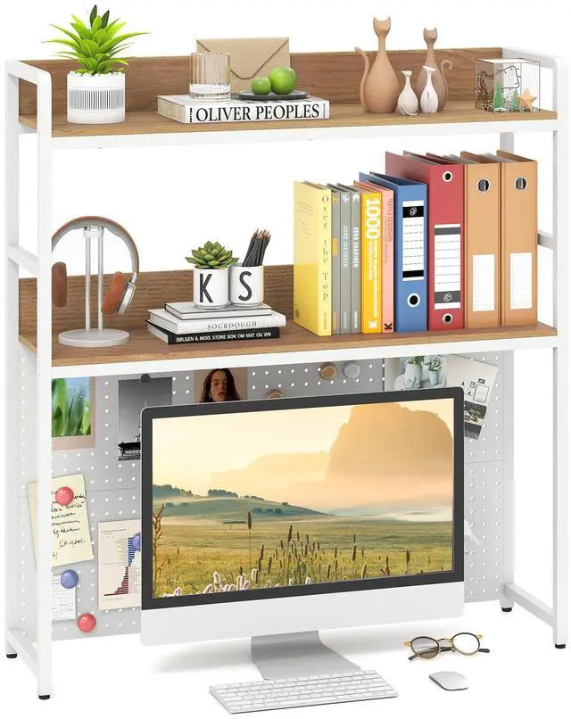 Main image of Desktop Bookshelf, 2-Tier Desk Hutch Dorm with Pegboard for up to 32" Computer Monitor, Industrial Countertop Storage Organizer Rack, Desk Shelf for Home Office (Natural)
