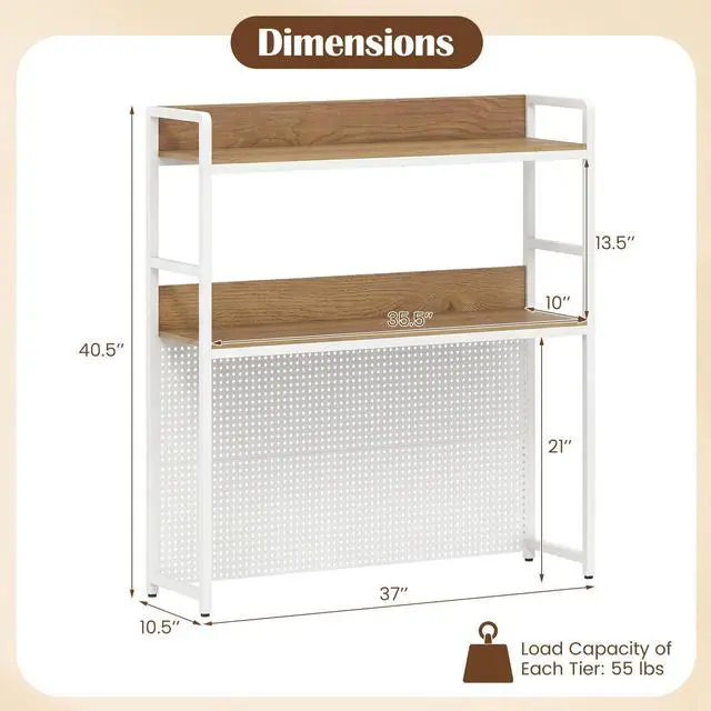 Alt view image 3 of 7 - Desktop Bookshelf, 2-Tier Desk Hutch Dorm with Pegboard for up to 32" Computer Monitor, Industrial Countertop Storage Organizer Rack, Desk Shelf for Home Office (Natural)