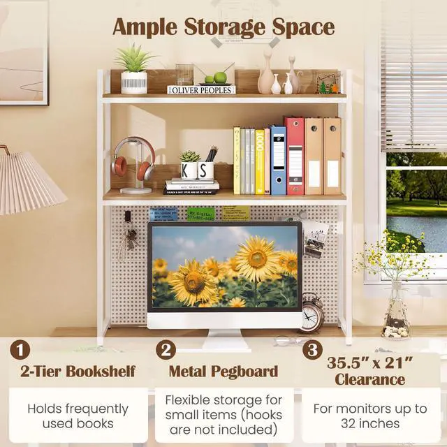 Alt view image 4 of 7 - Desktop Bookshelf, 2-Tier Desk Hutch Dorm with Pegboard for up to 32" Computer Monitor, Industrial Countertop Storage Organizer Rack, Desk Shelf for Home Office (Natural)