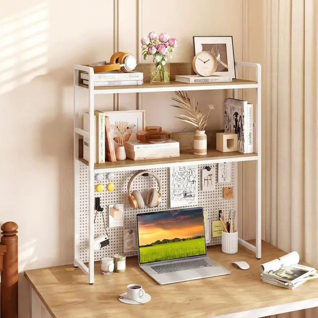 Alt view image 2 of 7 - Desktop Bookshelf, 2-Tier Desk Hutch Dorm with Pegboard for up to 32" Computer Monitor, Industrial Countertop Storage Organizer Rack, Desk Shelf for Home Office (Natural)
