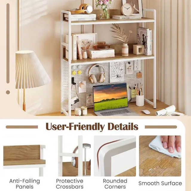 Alt view image 5 of 7 - Desktop Bookshelf, 2-Tier Desk Hutch Dorm with Pegboard for up to 32" Computer Monitor, Industrial Countertop Storage Organizer Rack, Desk Shelf for Home Office (Natural)