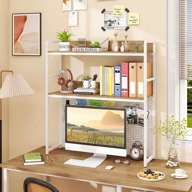 Alt view image 7 of 7 - Desktop Bookshelf, 2-Tier Desk Hutch Dorm with Pegboard for up to 32" Computer Monitor, Industrial Countertop Storage Organizer Rack, Desk Shelf for Home Office (Natural)