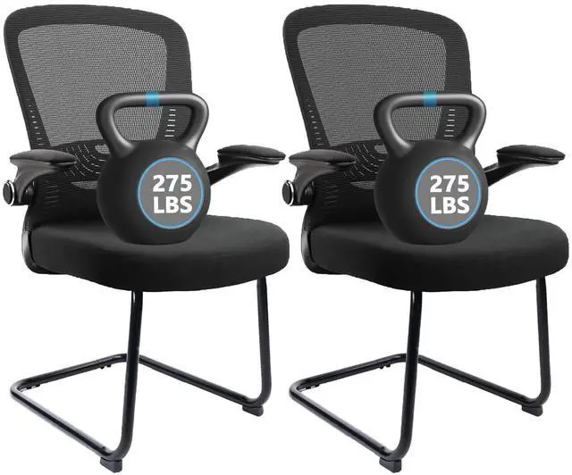 Main image of Office Guest Chair no Wheels with Lumbar Support and Flip-up Armrest Mid Back Mesh Space Air Grid Series Sled Base for Reception Conference Room Black Set of 2