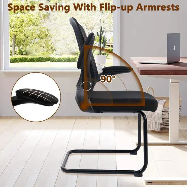 Alt view image 4 of 7 - Office Guest Chair no Wheels with Lumbar Support and Flip-up Armrest Mid Back Mesh Space Air Grid Series Sled Base for Reception Conference Room Black Set of 2
