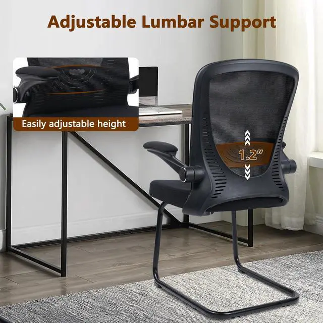 Alt view image 5 of 7 - Office Guest Chair no Wheels with Lumbar Support and Flip-up Armrest Mid Back Mesh Space Air Grid Series Sled Base for Reception Conference Room Black Set of 2