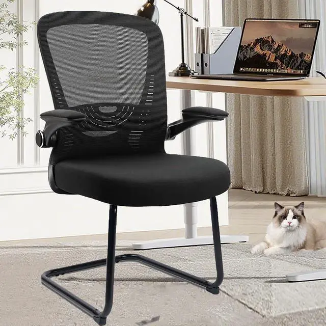 Main image of Waiting Room Chairs with Flip Up Arms and Adjustable Lumbar Support, Office Guest Chairs & Reception Chair for Conference Room, Breathable Mesh Black Desk Chair No Wheels for Elderly
