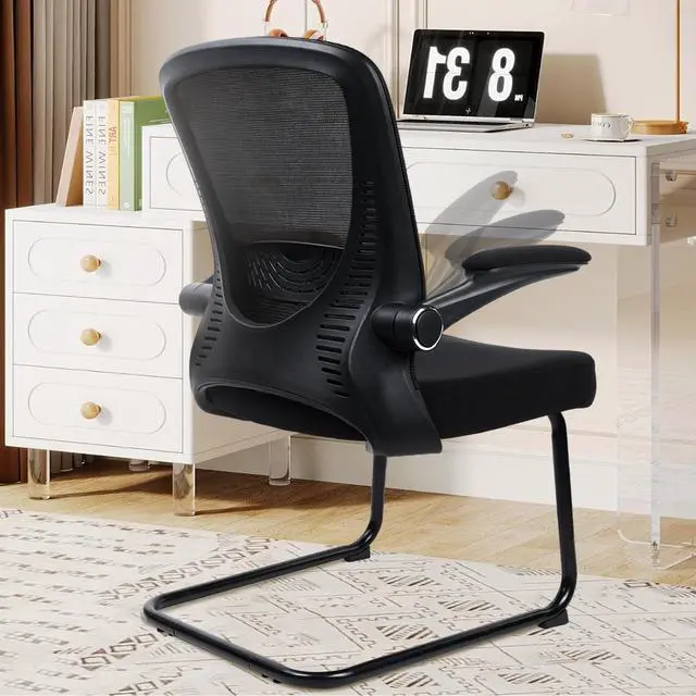 Alt view image 5 of 7 - Waiting Room Chairs with Flip Up Arms and Adjustable Lumbar Support, Office Guest Chairs & Reception Chair for Conference Room, Breathable Mesh Black Desk Chair No Wheels for Elderly