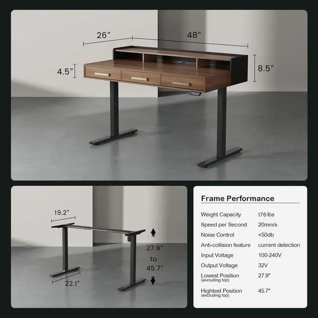 Alt view image 2 of 7 - 48" Electric Standing Desk with 3 Drawers & Monitor Shelf | Height Adjustable Sit Stand Desk, Home Office Computer Workstation with Storage for Small Space, Black Walnut