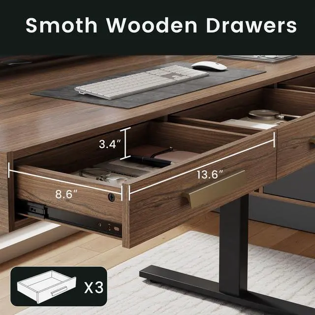 Alt view image 3 of 7 - 48" Electric Standing Desk with 3 Drawers & Monitor Shelf | Height Adjustable Sit Stand Desk, Home Office Computer Workstation with Storage for Small Space, Black Walnut