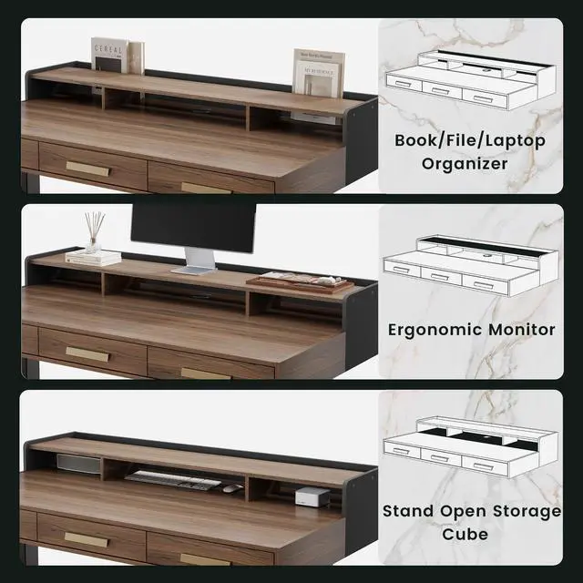 Alt view image 4 of 7 - 48" Electric Standing Desk with 3 Drawers & Monitor Shelf | Height Adjustable Sit Stand Desk, Home Office Computer Workstation with Storage for Small Space, Black Walnut