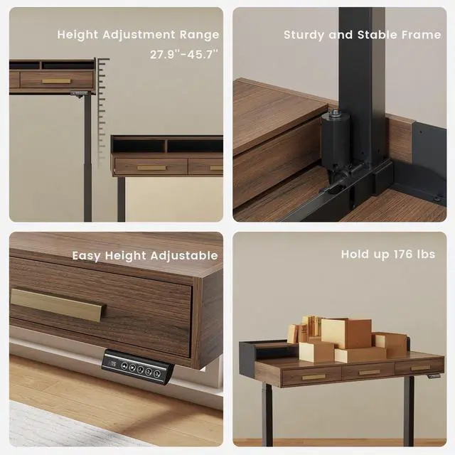 Alt view image 5 of 7 - 48" Electric Standing Desk with 3 Drawers & Monitor Shelf | Height Adjustable Sit Stand Desk, Home Office Computer Workstation with Storage for Small Space, Black Walnut