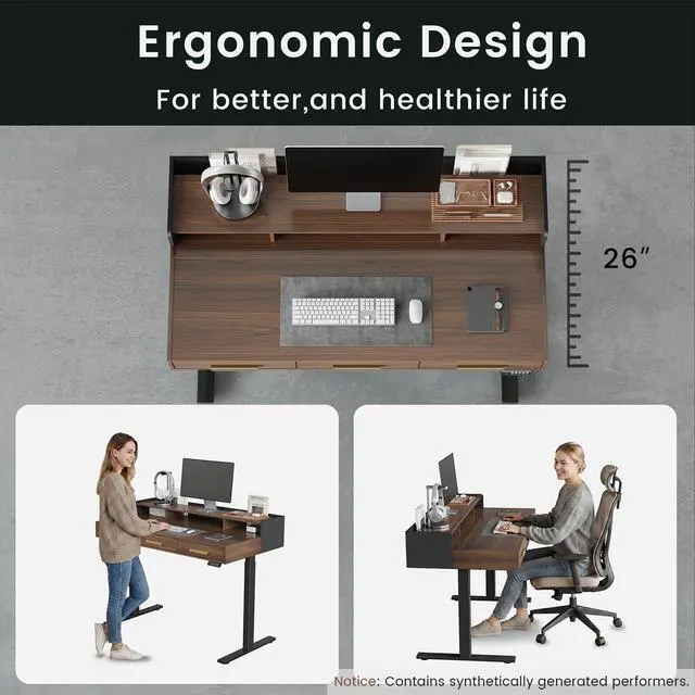 Alt view image 6 of 7 - 48" Electric Standing Desk with 3 Drawers & Monitor Shelf | Height Adjustable Sit Stand Desk, Home Office Computer Workstation with Storage for Small Space, Black Walnut