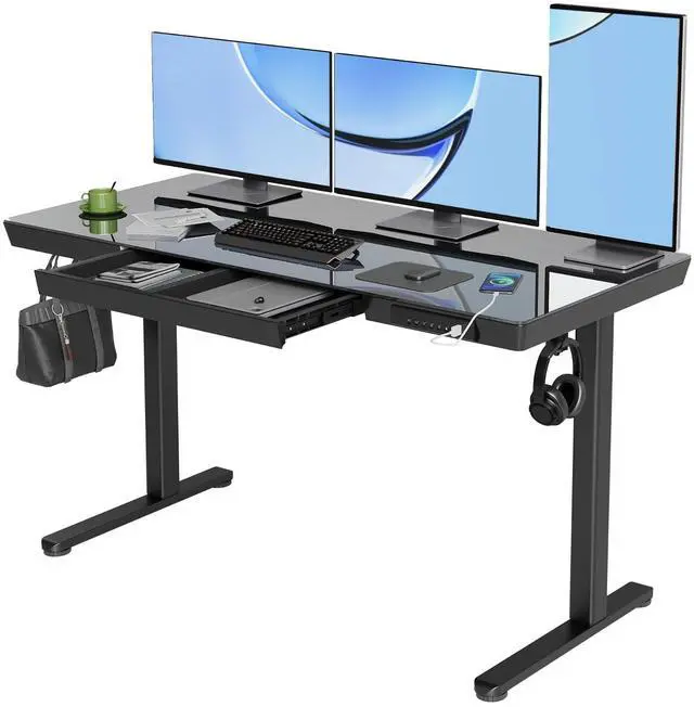 Main image of Glass Standing Desk with Drawers, 55x24 Inch, Black | Quick Install, Whole-Piece Glass Top, USB ports and a Type-C port, Buil in Drawers, Writable Glass Top, 2 Hooks