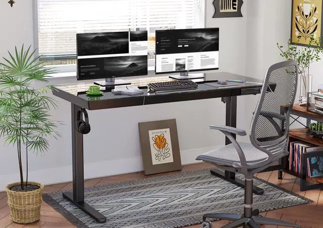 Alt view image 2 of 7 - Glass Standing Desk with Drawers, 35 Inch, Black | Quick Install, Whole-Piece Glass Top, USB ports and a Type-C port, Buil in Drawers, Writable Glass Top, 2 Hooks