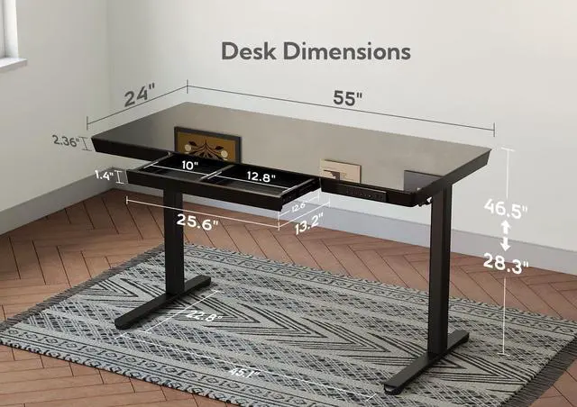 Alt view image 3 of 7 - Glass Standing Desk with Drawers, 55x24 Inch, Black | Quick Install, Whole-Piece Glass Top, USB ports and a Type-C port, Buil in Drawers, Writable Glass Top, 2 Hooks