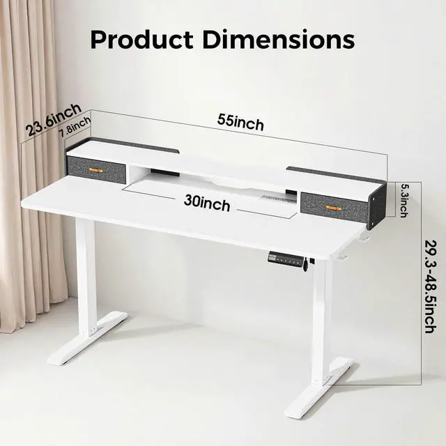 Alt view image 2 of 7 - Electric Standing Desk with Drawers, 55 Inch Height Adjustable Desk with Power Outlets & LED Lights, Sit Stand Table with Monitor Stand for Home, Office, White
