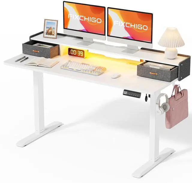 Main image of Electric Standing Desk with Drawers, 55 Inch Height Adjustable Desk with Power Outlets & LED Lights, Sit Stand Table with Monitor Stand for Home, Office, White