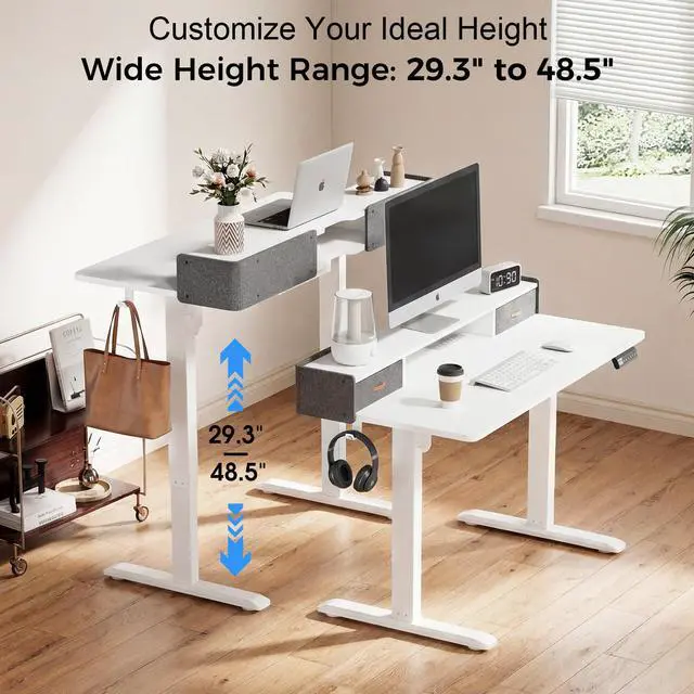 Alt view image 3 of 7 - Electric Standing Desk with Drawers, 55 Inch Height Adjustable Desk with Power Outlets & LED Lights, Sit Stand Table with Monitor Stand for Home, Office, White