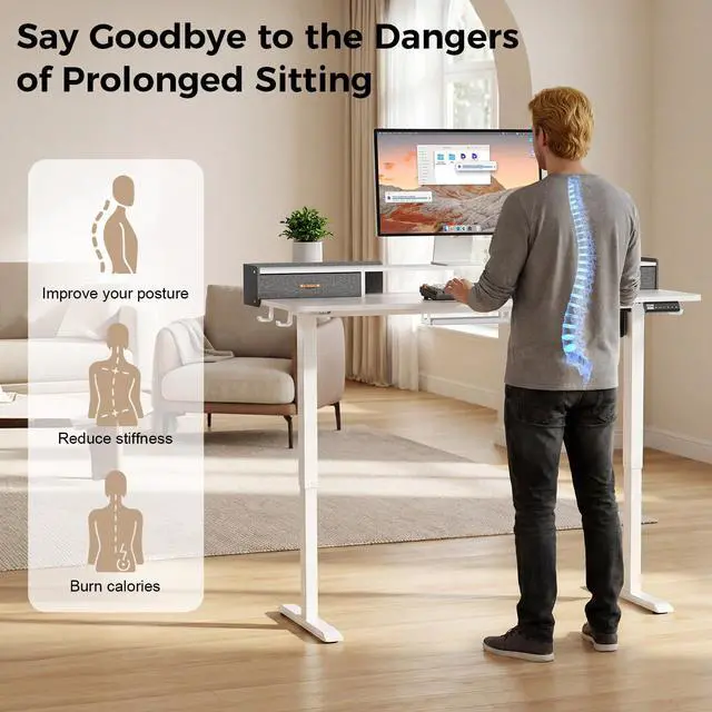 Alt view image 4 of 7 - Electric Standing Desk with Drawers, 55 Inch Height Adjustable Desk with Power Outlets & LED Lights, Sit Stand Table with Monitor Stand for Home, Office, White