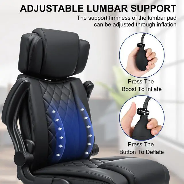 Alt view image 3 of 7 - Comfy Computer Chair with Adjustable Lumbar Support (Black) | Executive Office Chair with Headrest Ergonomic Swivel Rolling Office Chair with Flip-up Arms for Work,Study