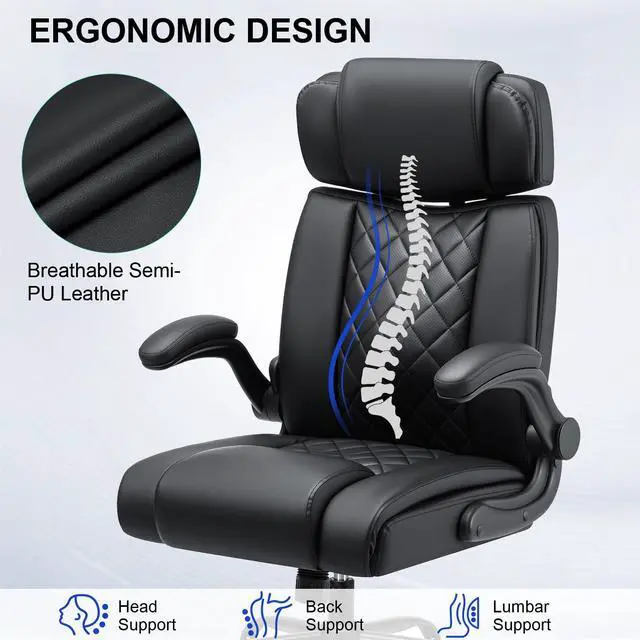 Alt view image 5 of 7 - Comfy Computer Chair with Adjustable Lumbar Support (Black) | Executive Office Chair with Headrest Ergonomic Swivel Rolling Office Chair with Flip-up Arms for Work,Study