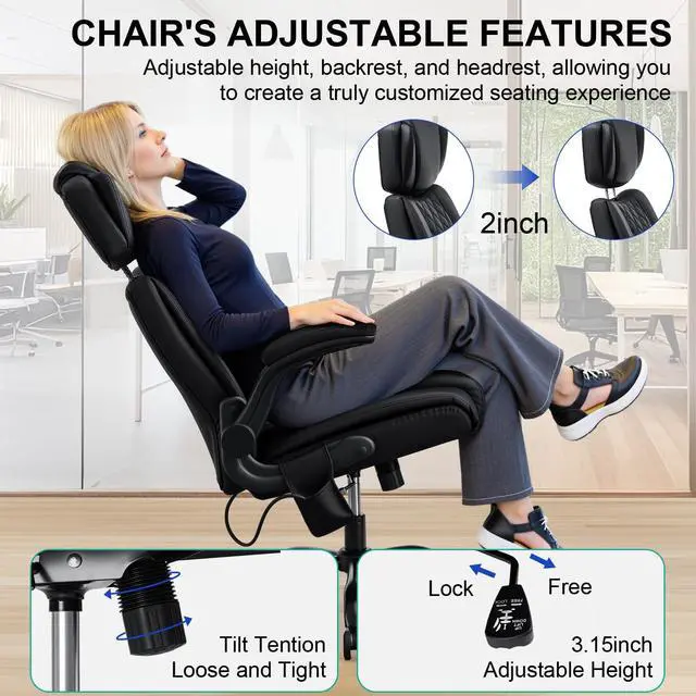 Alt view image 6 of 7 - Comfy Computer Chair with Adjustable Lumbar Support (Black) | Executive Office Chair with Headrest Ergonomic Swivel Rolling Office Chair with Flip-up Arms for Work,Study