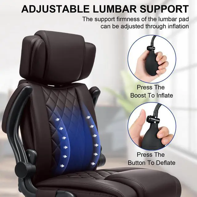 Alt view image 3 of 7 - Comfy Computer Chair with Adjustable Lumbar Support (Coffee) | Executive Office Chair with Headrest Ergonomic Swivel Rolling Office Chair with Flip-up Arms for Work,Study