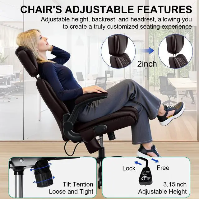 Alt view image 6 of 7 - Comfy Computer Chair with Adjustable Lumbar Support (Coffee) | Executive Office Chair with Headrest Ergonomic Swivel Rolling Office Chair with Flip-up Arms for Work,Study