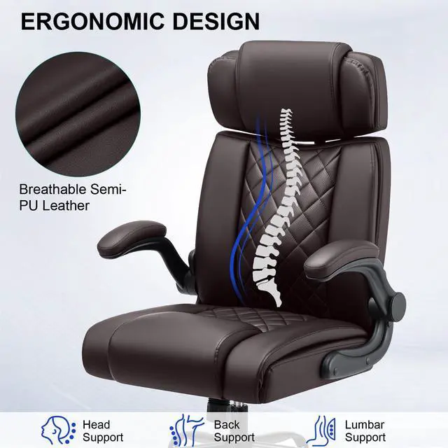 Alt view image 5 of 7 - Comfy Computer Chair with Adjustable Lumbar Support (Coffee) | Executive Office Chair with Headrest Ergonomic Swivel Rolling Office Chair with Flip-up Arms for Work,Study