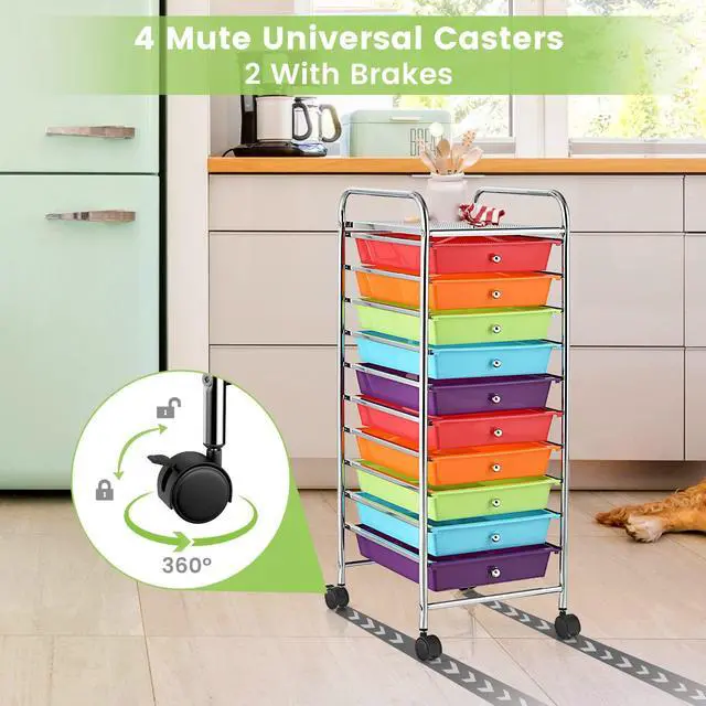 Alt view image 6 of 7 - 10 Drawer Rolling Cart, Slim Storage Cart w/Lockable Wheels for Classroom School Teacher Office, Art Supplies Paper Scrapbook Craft Organizers, Utility Cart with Drawers (Multicolor)