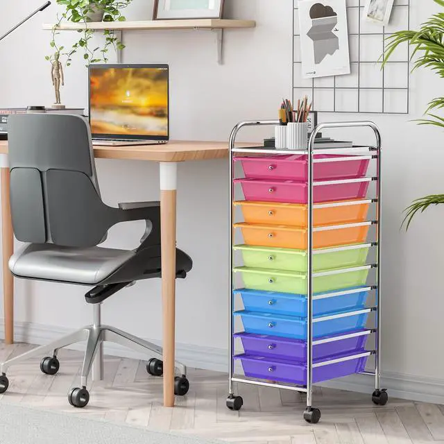 Alt view image 2 of 7 - 10 Drawer Rolling Cart, Slim Storage Cart | Lockable Wheels Classroom School Teacher Office Art Supplies Paper Scrapbook Craft Organizers Utility Cart (Color)