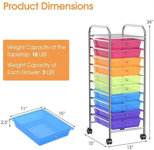 Alt view image 3 of 7 - 10 Drawer Rolling Cart, Slim Storage Cart | Lockable Wheels Classroom School Teacher Office Art Supplies Paper Scrapbook Craft Organizers Utility Cart (Color)