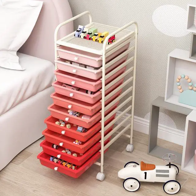 Alt view image 2 of 7 - Craft Organizers and Storage Cart - Rolling Cart with 10 Drawers, Lockable Casters for Tools, Trolley Cart with Wheels, Utility Cart for School, Home Office, Craft Cart (Gradient Pink)
