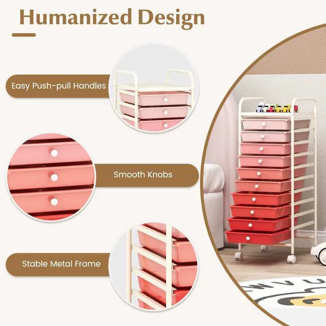 Alt view image 6 of 7 - Craft Organizers and Storage Cart - Rolling Cart with 10 Drawers, Lockable Casters for Tools, Trolley Cart with Wheels, Utility Cart for School, Home Office, Craft Cart (Gradient Pink)