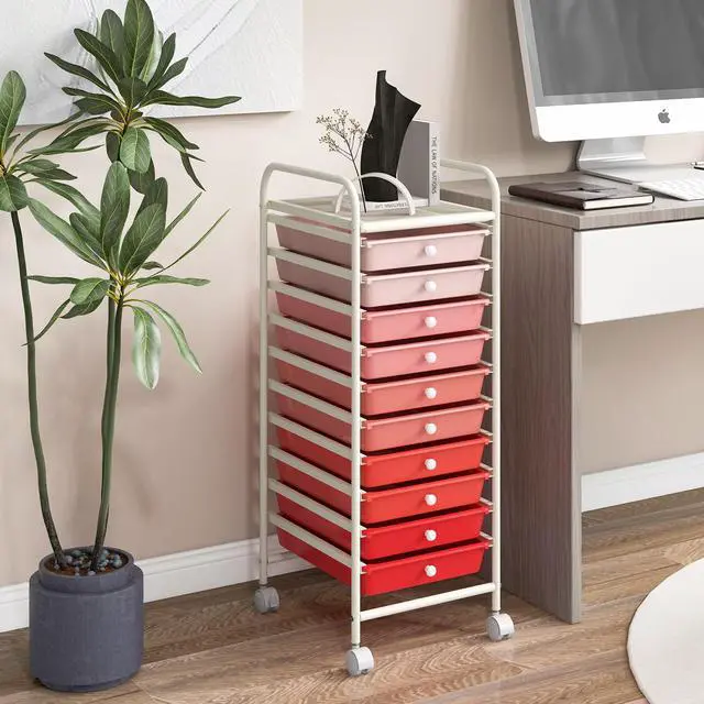 Alt view image 7 of 7 - Craft Organizers and Storage Cart - Rolling Cart with 10 Drawers, Lockable Casters for Tools, Trolley Cart with Wheels, Utility Cart for School, Home Office, Craft Cart (Gradient Pink)