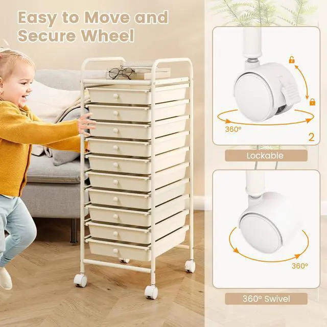 Alt view image 5 of 7 - 10 Drawer Rolling Cart - Slim Storage Cart w/Lockable Wheels | 34"H White Metal Frame, Lockable Rolling Wheels; Classroom School Office Art Craft Scrapbook Supply Storage