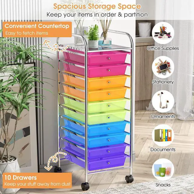 Alt view image 4 of 7 - 10 Drawer Rolling Cart, Slim Storage Cart | Lockable Wheels Classroom School Teacher Office Art Supplies Paper Scrapbook Craft Organizers Utility Cart (Color)