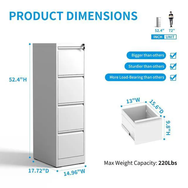 Alt view image 3 of 7 - 4 Drawer File Cabinet with Lock, Metal Filing Cabinets for Home Office | Vertical File Cabinet Heavy Duty Steel Office Storage Cabinet for Letter Legal A4 Size Files, Easy Assembly