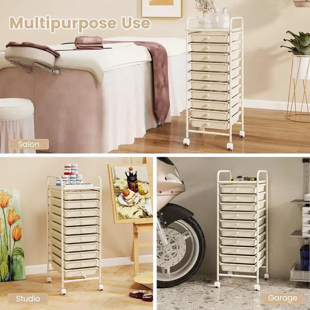 Alt view image 7 of 7 - 10 Drawer Rolling Cart - Slim Storage Cart w/Lockable Wheels | 34"H White Metal Frame, Lockable Rolling Wheels; Classroom School Office Art Craft Scrapbook Supply Storage